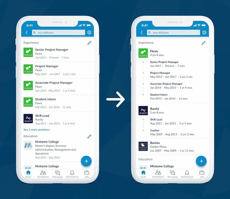 LinkedIn Experience Design: Med det nye designet fremkommer karrieresteg mer visuelt. (Kilde LinkedIn blogg)