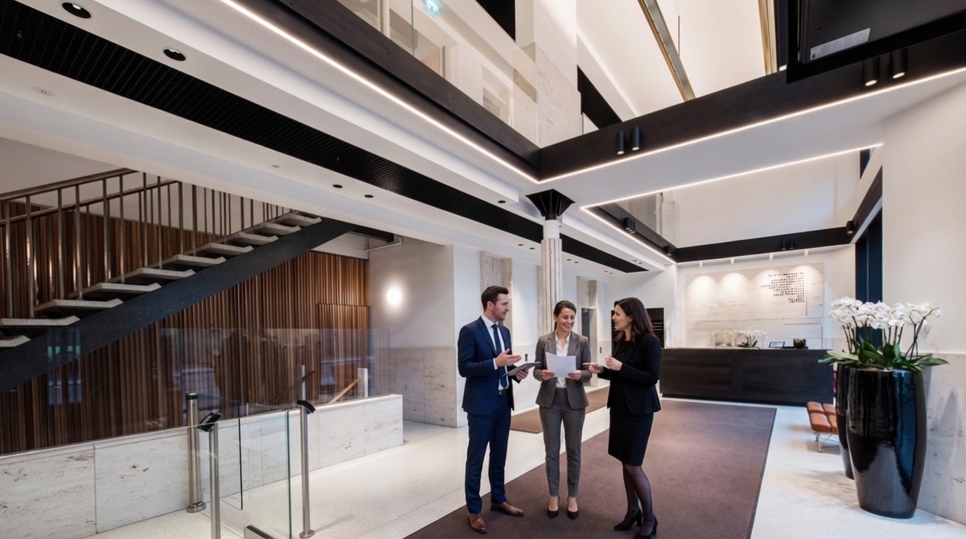 Bilde - 3 personer utenfor resepsjonen